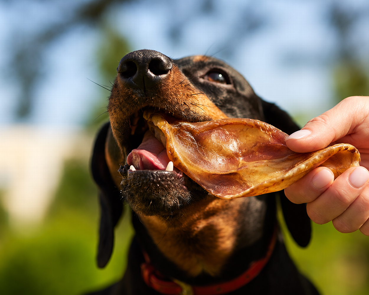 Owner giving dog a dried snack